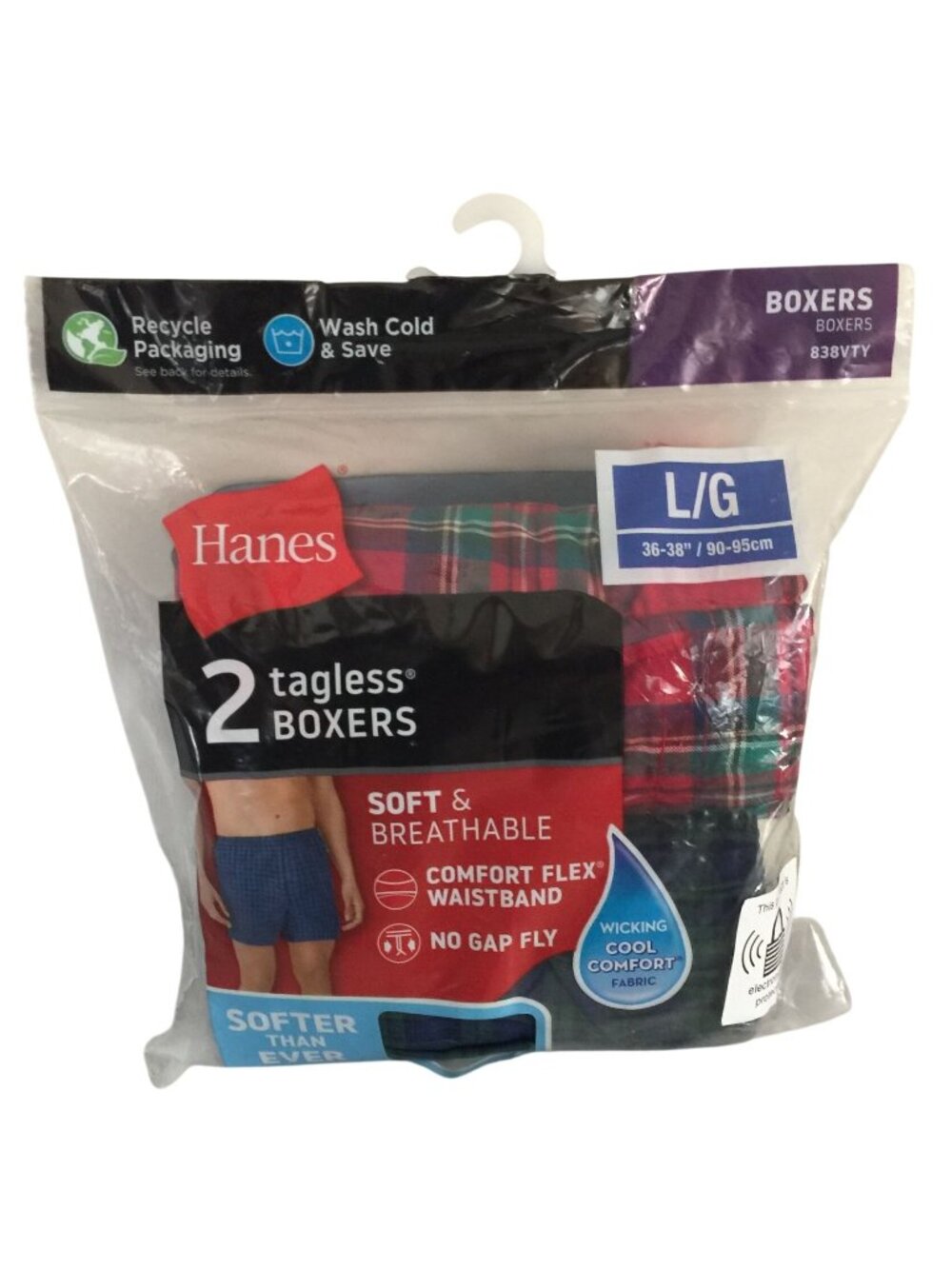 Hanes Men's Tagless Boxer L 36-38" Set of 2 Plaid Blue
